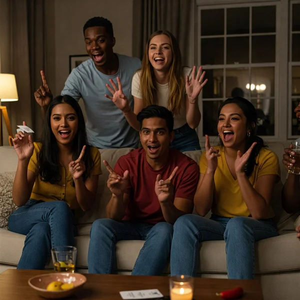 Group of friends playing Never Have I Ever laughing
