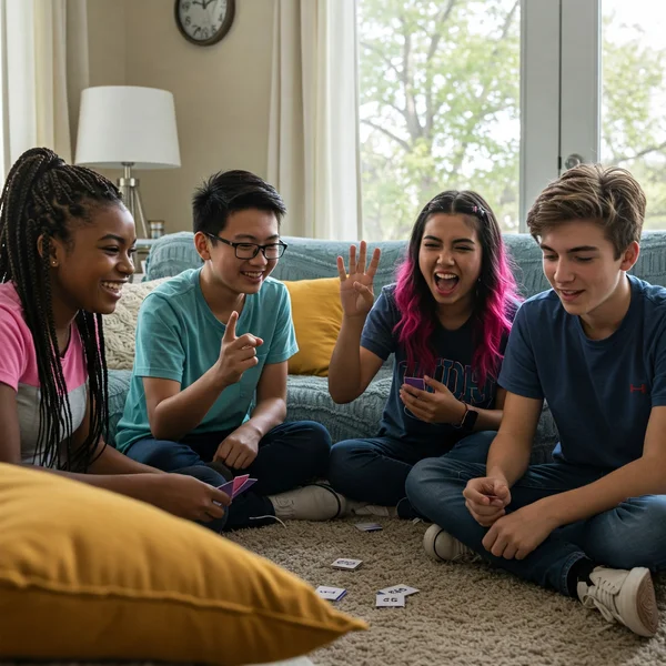 Teens laughing and playing a fun, clean Never Have I Ever game