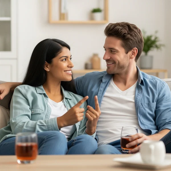 Couple laughing together while playing a connecting game