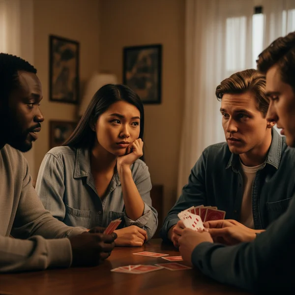 Diverse group looking thoughtful during a sensitive game