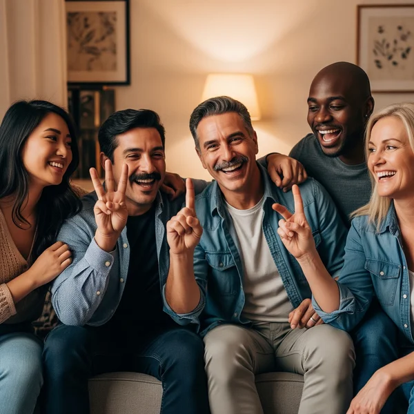 Freundesgruppe lacht beim Spielen des Nie habe ich jemals-Partyspiels