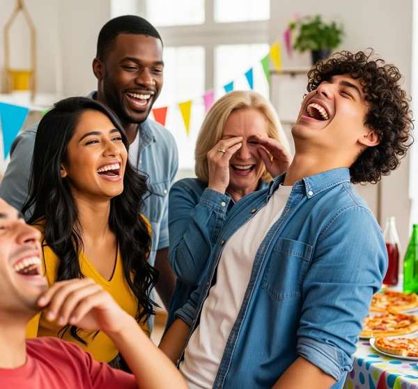 Eine Gruppe von Freunden, die während eines Partyspiels in Gelächter ausbrechen