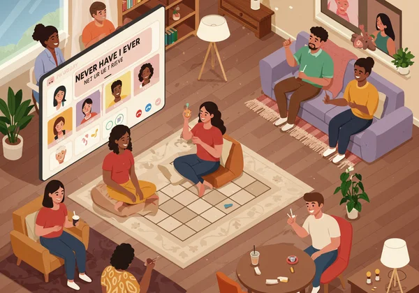 Diverse friends laughing while playing Never Have I Ever online