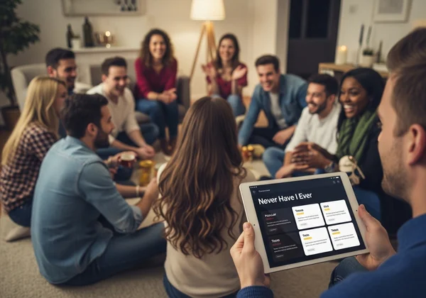 Friends setting up Never Have I Ever game, online tool.