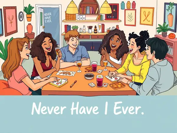 friends playing Never Have I Ever table drinks snacks