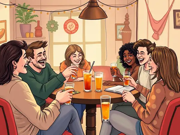 Adults enjoying a gathering with drinks and smiles