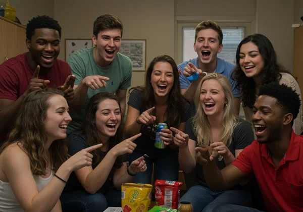 Freunde lachen und spielen Nie habe ich an der Uni