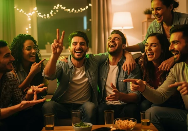 Freunde lachen und spielen gemeinsam Never Have I Ever.