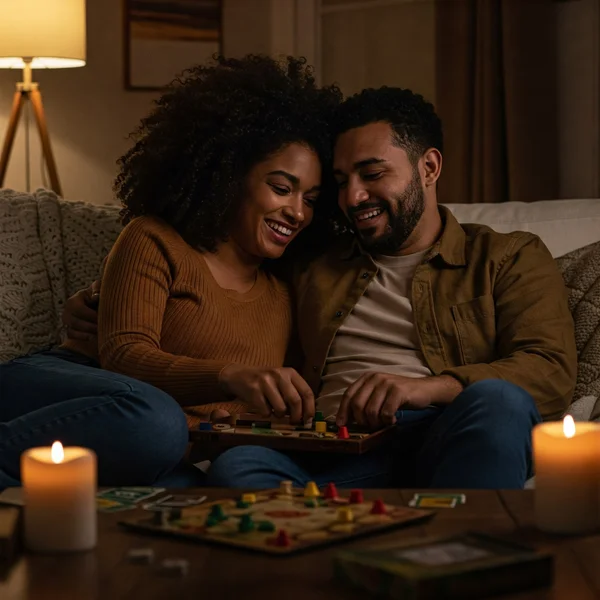 Pareja compartiendo un momento íntimo jugando a un juego picante