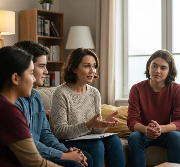 Parent or organizer guiding teens in a group discussion