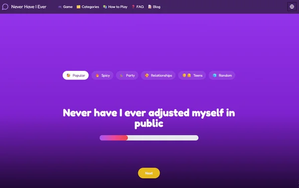 Never Have I Ever Website mit angezeigten Kategorien
