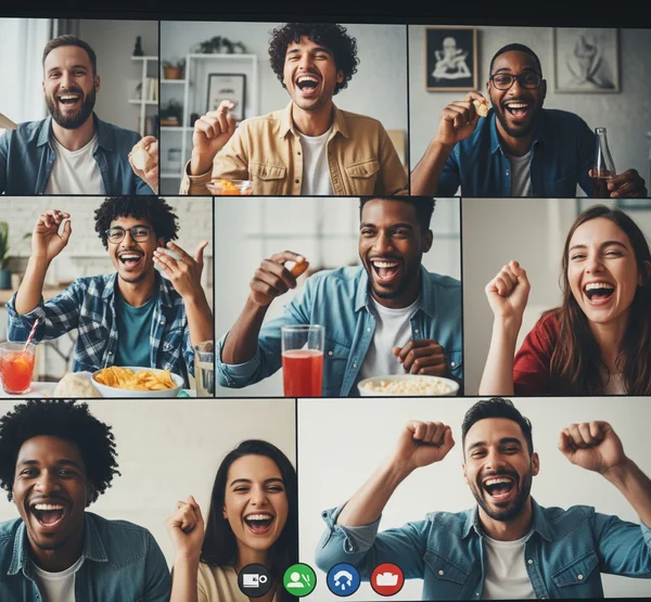 Freunde genießen ein virtuelles Partyspiel im Videoanruf
