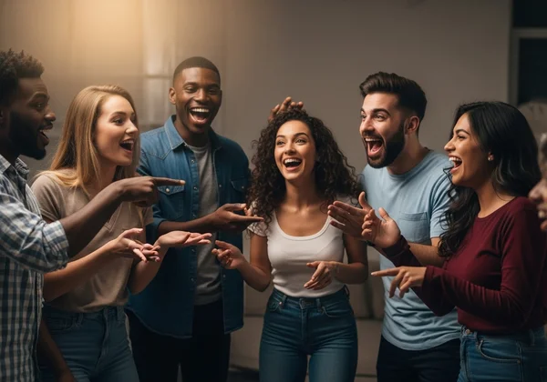 A group of friends playing Never Have I Ever, laughing.