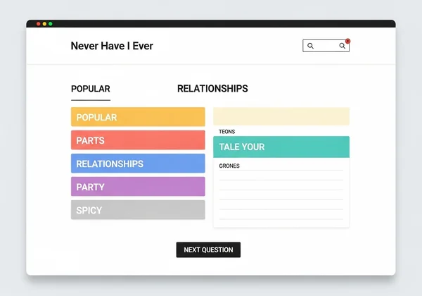 Website showing Never Have I Ever question categories.