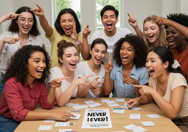 Diverse groep die lacht, gemeenschappelijke grond vindt.