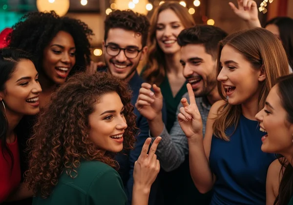 Friends laughing at a party, playing Never Have I Ever.