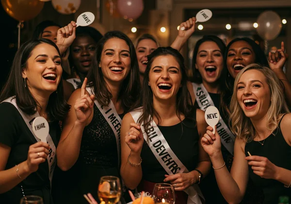 Friends laughing, playing Never Have I Ever at a bachelorette.