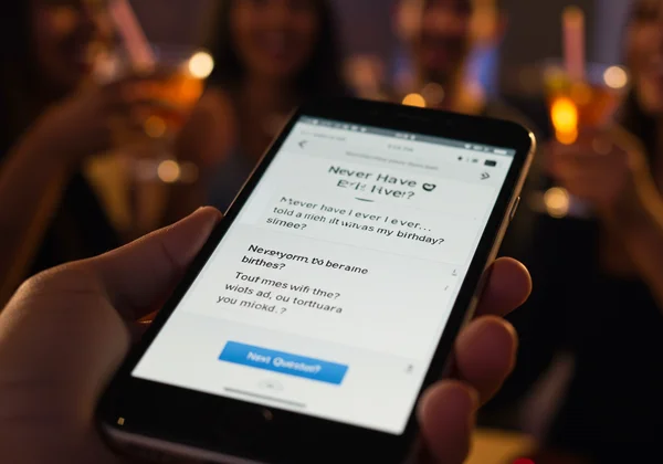 Smartphone screen displaying Never Have I Ever questions.