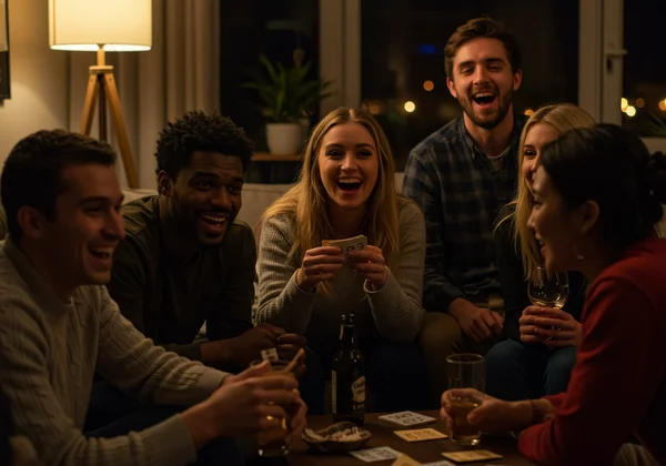 Friends laughing while playing a party game at night.