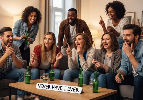 Amigos jogando Eu Nunca com risadas e bebidas