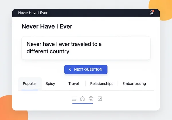 Captura de tela da interface do gerador de perguntas Eu Nunca online