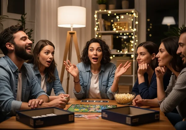 Amigos compartilhando histórias engraçadas durante o jogo Eu Nunca