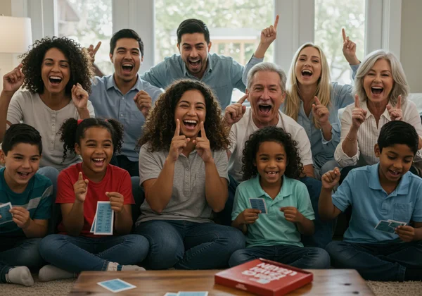 Diverse family playing Never Have I Ever with laughter