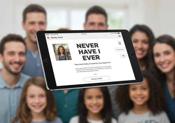 Online Never Have I Ever game interface with family