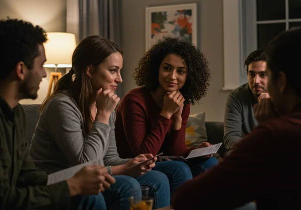 Friends playing "Never Have I Ever" with thoughtful expressions