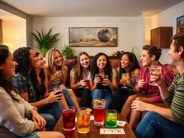 group playing Never Have I Ever laughter drinks table